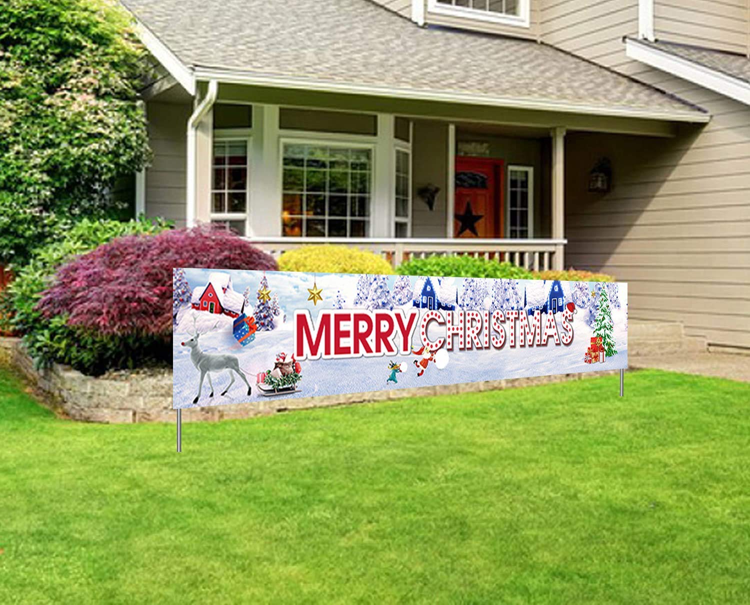 Merry Christmas Banner Large Xmas Yard Banners Christmas Party Decoration Supplies Home Holiday Bunting Banner Outdoor Indoor Christmas Decorations(9.8x 1.6 feet)