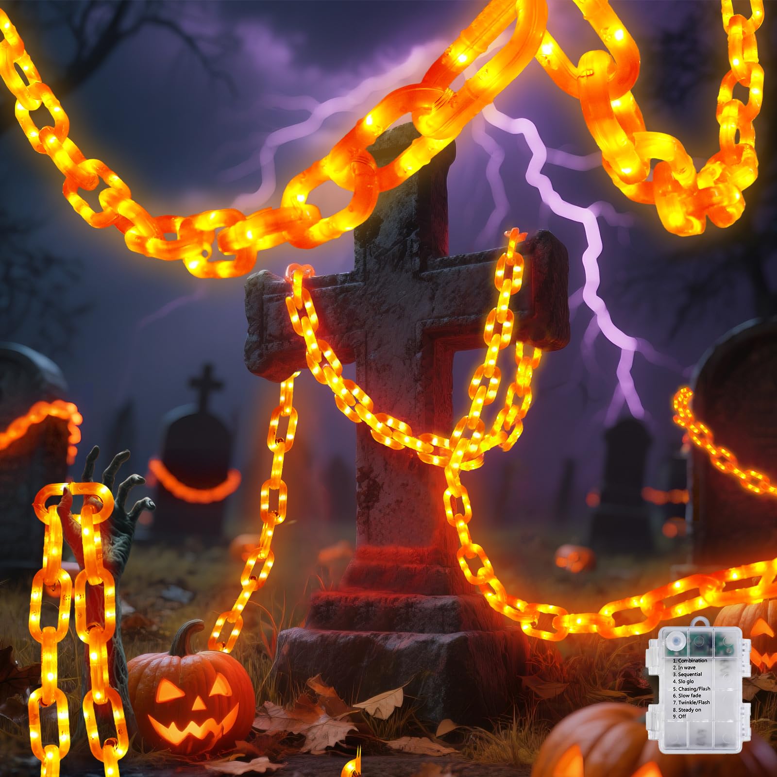 Photo 1 of 10FT Battery Halloween Chain String Lights, Waterproof Orange Plastic Chain Lights for Halloween Decorations Indoor/Outdoor, 8 Lighting Modes, Led halloween Lights for Skeleton Dog, Lawn Porch Decor