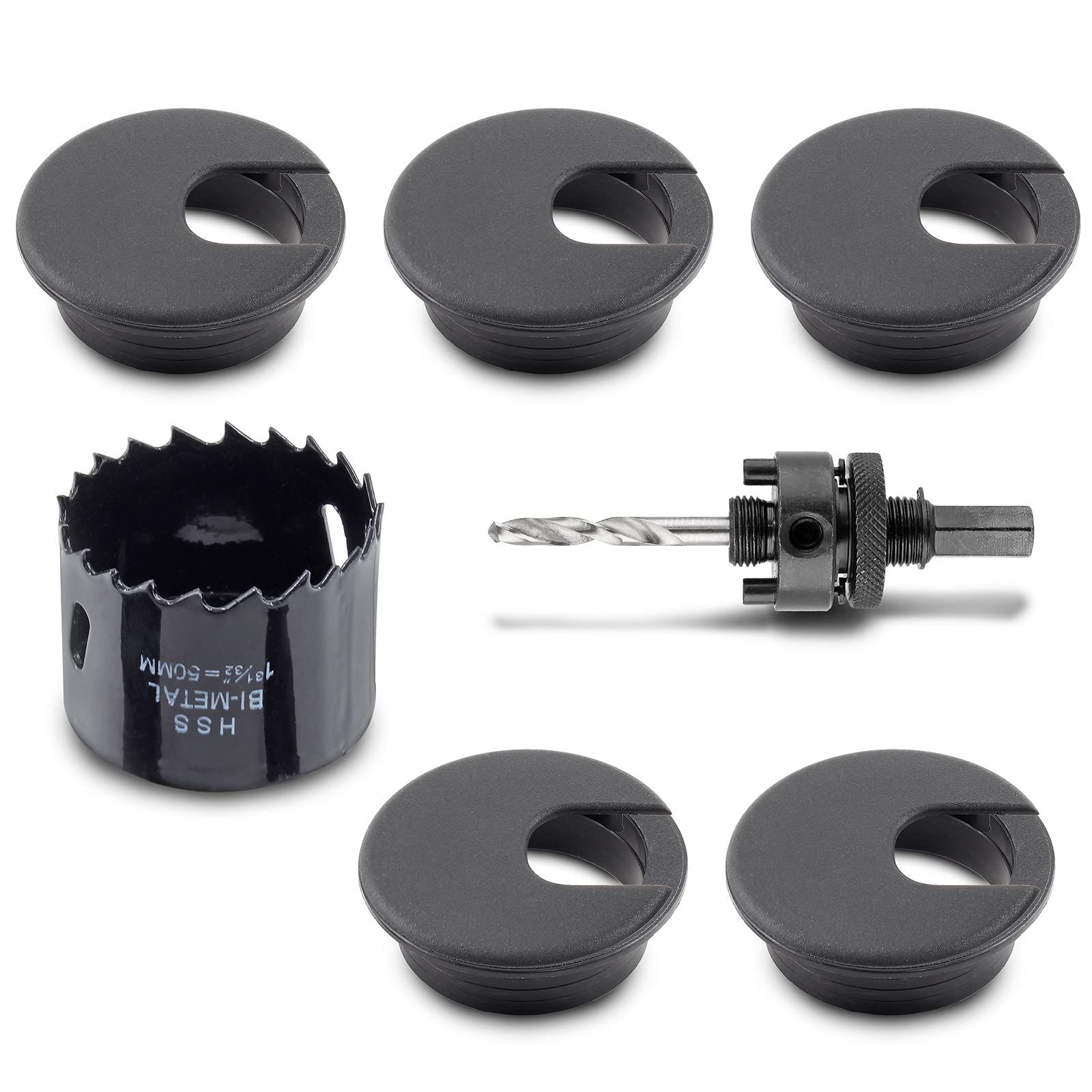 Zorveiio 2 Inch Desk Hole Grommet Desk Cord Grommet with Bi-Metal Hole Saw Drill Bits, Cable Hole Cover Plastic Wire Grommets Desk Grommet Kit Wire Protection - 5 Pcs, Black