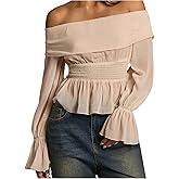 OYOANGLE Women's Off The Shoulder Bishop Blouse Long Sleeve Chiffon Shirred Ruffle Peplum Top
