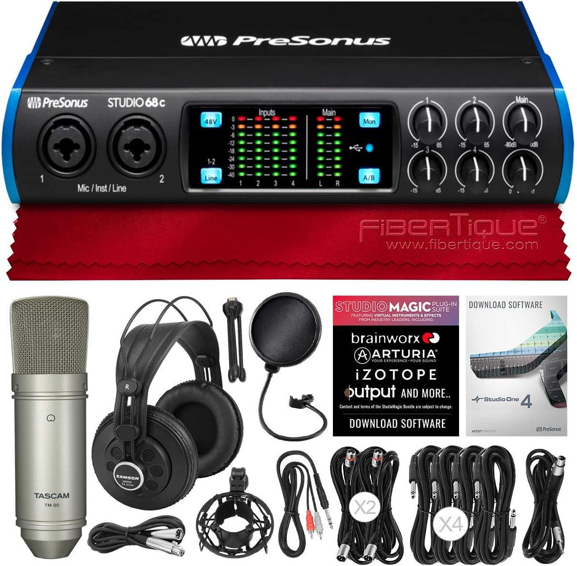 PreSonus Studio 68C 6-in 6-out USB-C Audio/MIDI Interface + SR850 Studio Headphones, TM-80 Studio Condenser Microphone, Xpix Pop Screen Filter & Cables