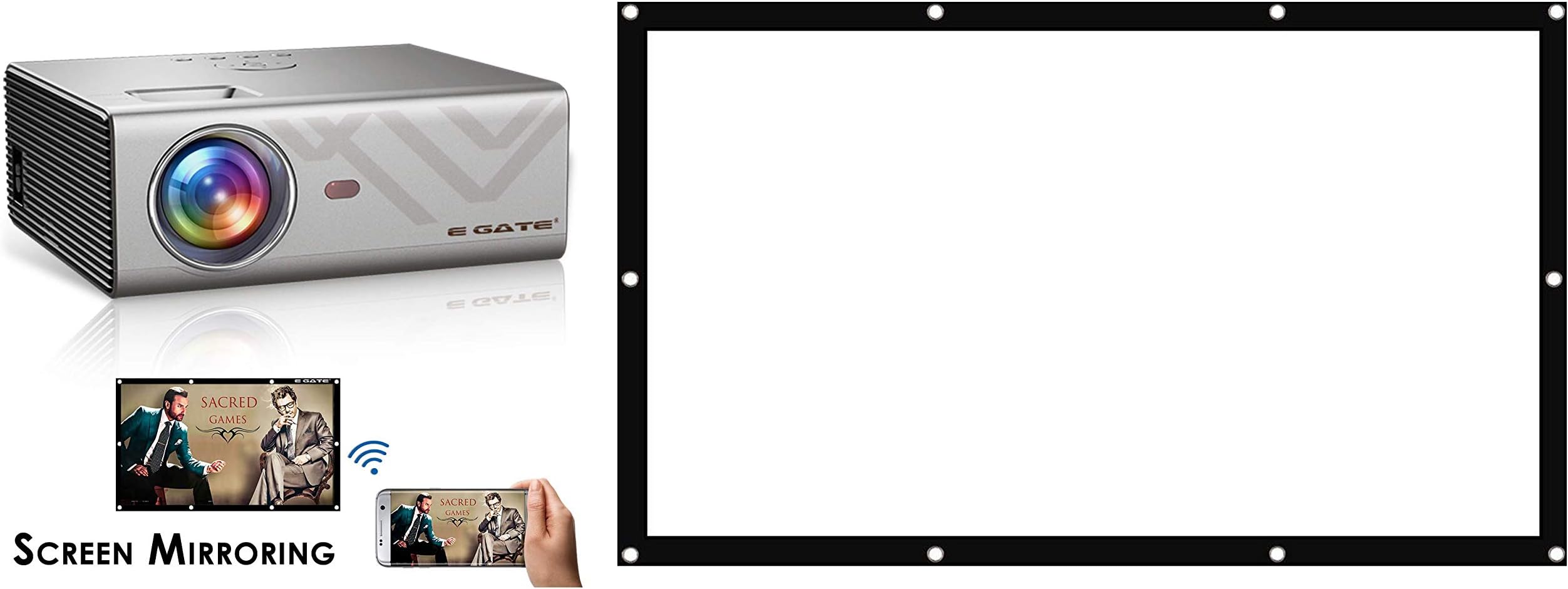 Egate K9 Miracast / Multiscreen LED 720p 2400 Lumens HD Projector_Egate EYE64 Projector Screen Eyelet, 6 x 4 feet Combo