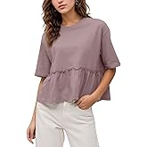 Lenader Women Summer Short Sleeve T-Shirts Oversized Dressy Casual Work Blouses Cropped Cute Ruffle Babydoll Peplum Tops