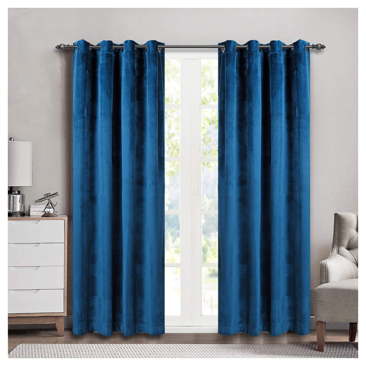Singinglory Velvet Curtains Pencil Pleat Blackout Curtains 2 Panels with 2 Tiebacks Thermal Eyelet Curtain for Bedroom & Living Room Navy 66"x90"