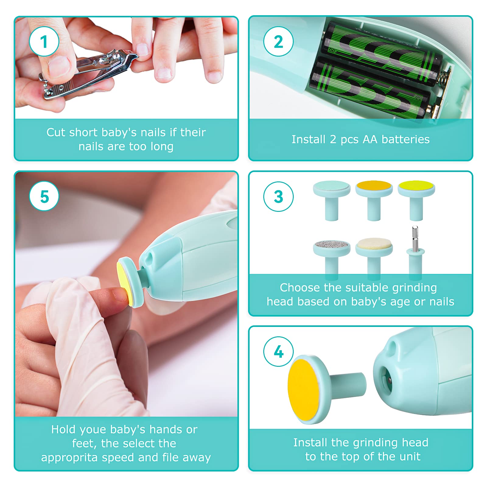 Baby Nail Trimmer Electric, Lupantte Safe Baby Nail File, Baby Nail Clippers with Light and 6 Grinding Pads for Newborn Infant Toddler or Adults Toes and Fingernails, Kids Nail Care, Polish and Trim