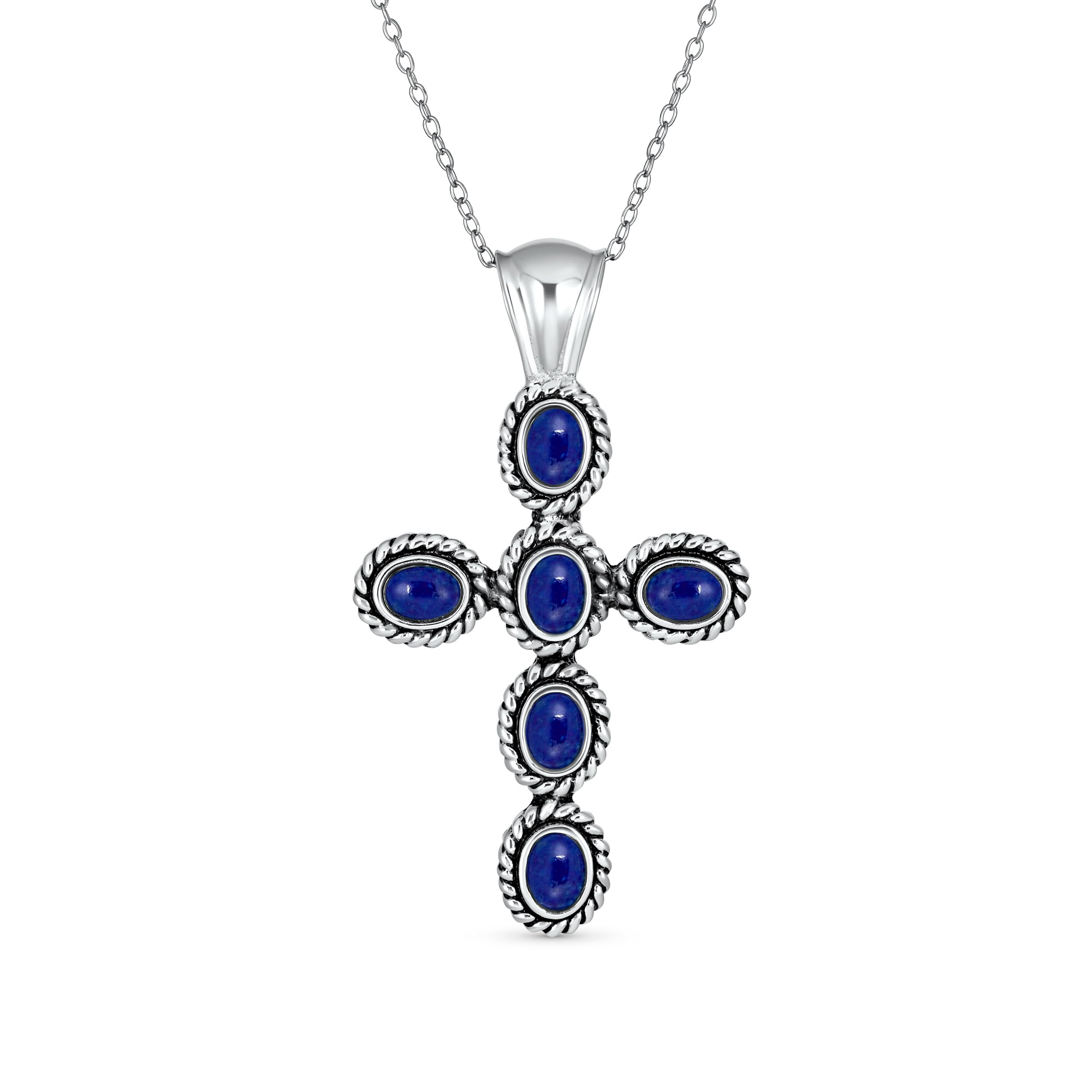Bling Jewelry South Western Style Blue Lapis Lazuli Rope Bezel Set Cross Pendant .925 Sterling Silver Necklace 18 In Chain 1.5 In — image 1