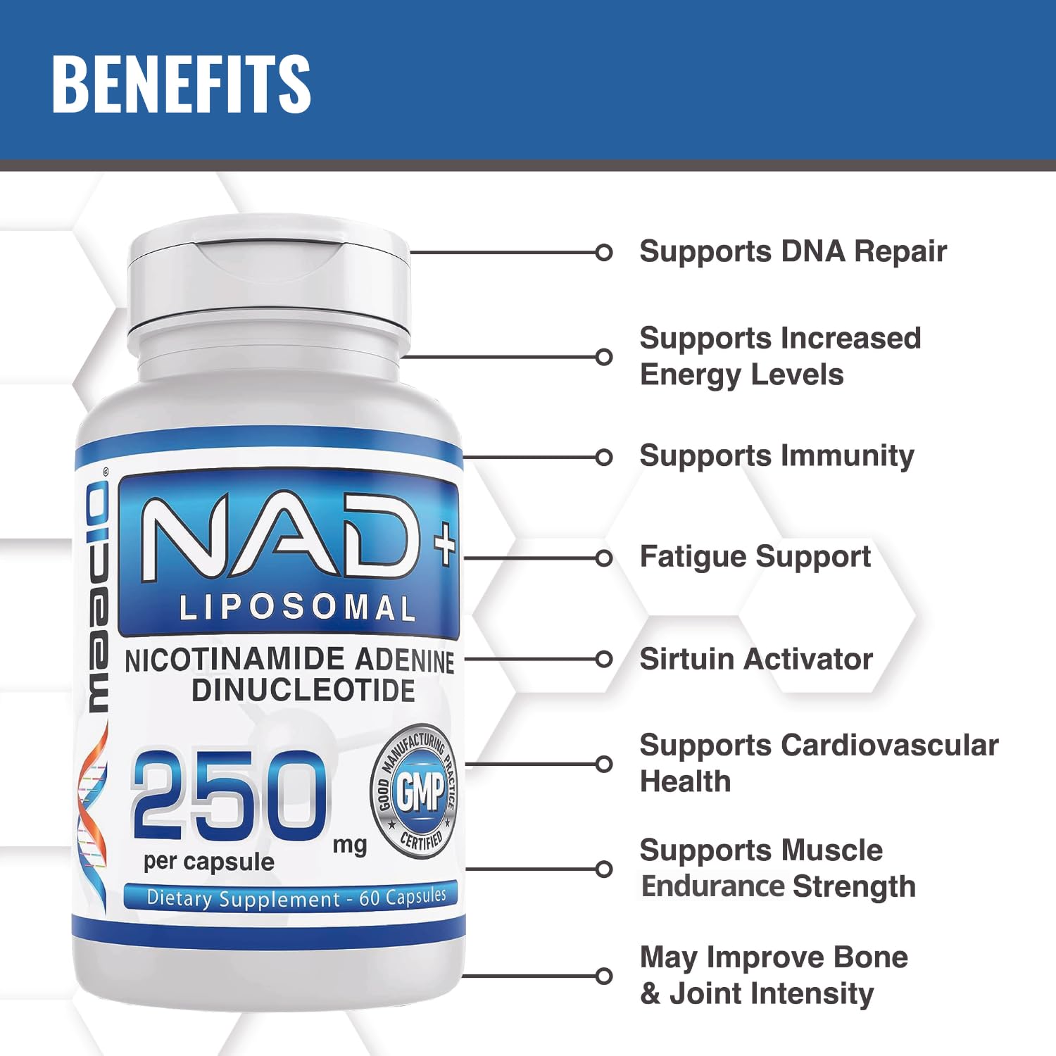 MAAC10 Liposomal NAD Supplement 500mg Serving (2x250mg Capsules) Actual Nicotinamide Adenine Dinucleotide