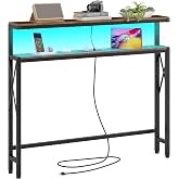 FAVOOSTY 46.8" Narrow Console Table, Behind Sofa Couch Table, Rustic Brown | with Led Light and Charging Station, Skinny Sofa Table with Power Outlets for Living Room, Hallway, EntryWay