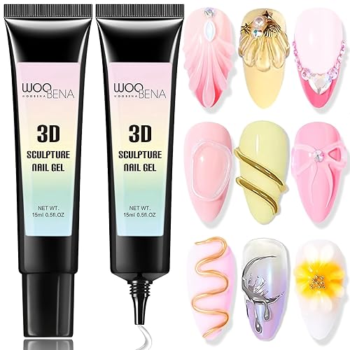 Woobena 2Pcs 3D Gel Nail Art ,15ml Sculpting Gel Molding for Nails 3 in 1 Clear Rhinestone Nail Art Glue DIY Home and Nail Salon Christmas Gifts for Women