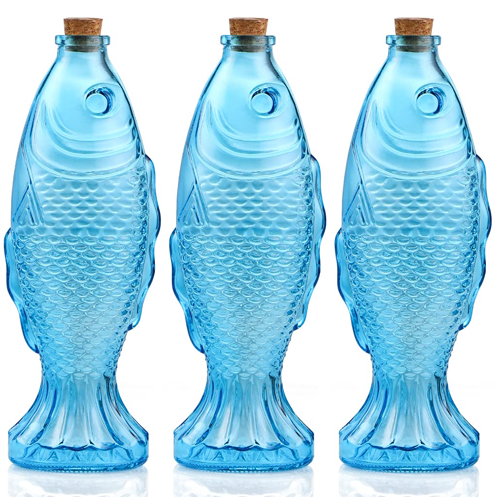 MDLUU 3-Pack Fish Shaped Glass Bottles, Decorative Bottles with Cork Stopper, Fish Decanters for Gift, Bar, Home Decor, Capacity 500ml/17.5oz (Blue)