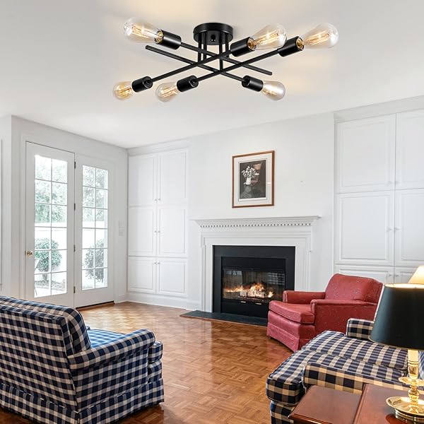 BRKNIT SPUTNIK CHANDELIERS, MODERN SEMI FLUSH MOUNT CEILING LIGHT WITH E26 BASE, MID CENTURY INDUSTRIAL KITCHEN FARMHOUSE LIGHT FIXTURES FOR BEDROOM LIVING ROOM (BLACK, CEILING 6 LIGHTS (LENGTHEN))