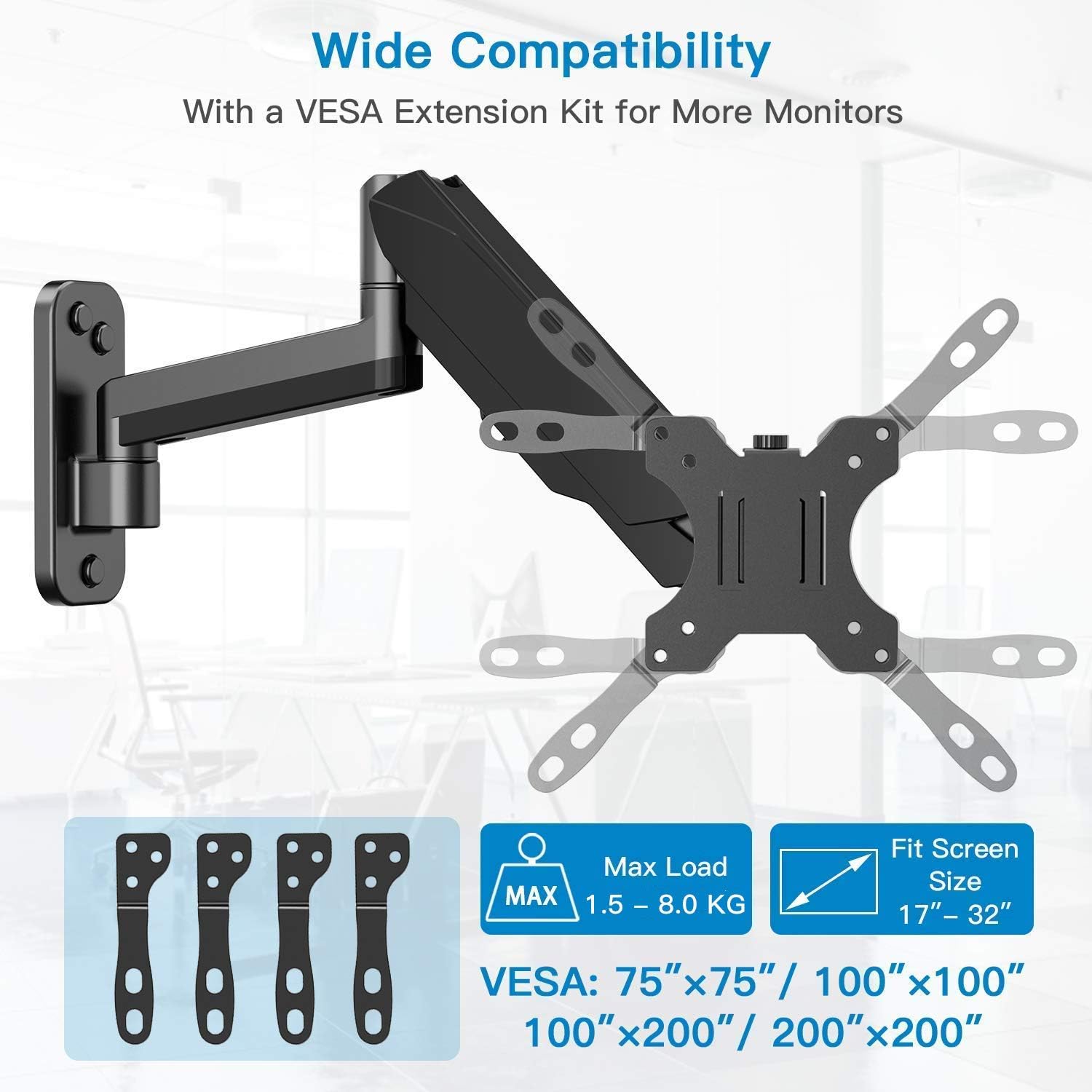 HUANUO 17-32 Inch Monitor Wall Mount Bracket for Computer TV Screens Adjustable Design Single Monitor Arm Support 8 kg VESA 75x75 mm - Image 3