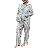 SHENHE Women's Bow Pajamas Set Button Up Long Sleeve Pjs Striped Lounge Pants Sleepwear