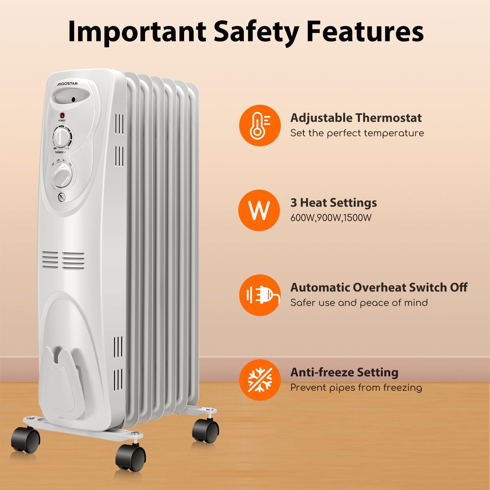 Aigostar 1500W Oil Heater 7-Fin Safe Heat, 3 Heat Setting Space Heater Adjustable Thermostat, Overheat & Tip-Over Protection, Heat Up 250 Square Feet, Quiet Oil Filled Radiator Heater for Indoor Use