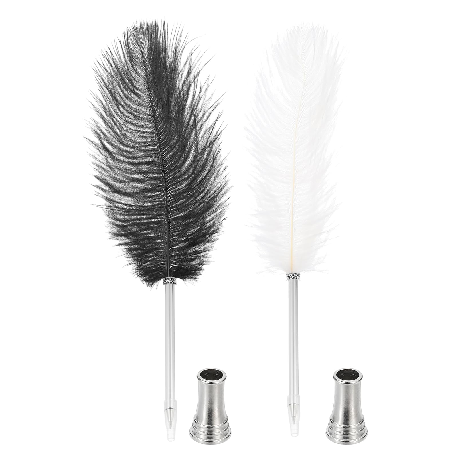 PATIKIL Feather Ballpoint Pen,2 Pcs 0.5mm Fluffy Vintage Ink Quill Pen Refined Plated Rod Quill Pen with 2 Pcs Stand Holder for Calligraphy Writing Signature Guest Wedding Gift,Black/White