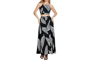 Verdusa Women's 2 Piece Outfits Beach Vacation Outfits Tropical Print Tie Back Cami Top and Split Maxi Skirt Set