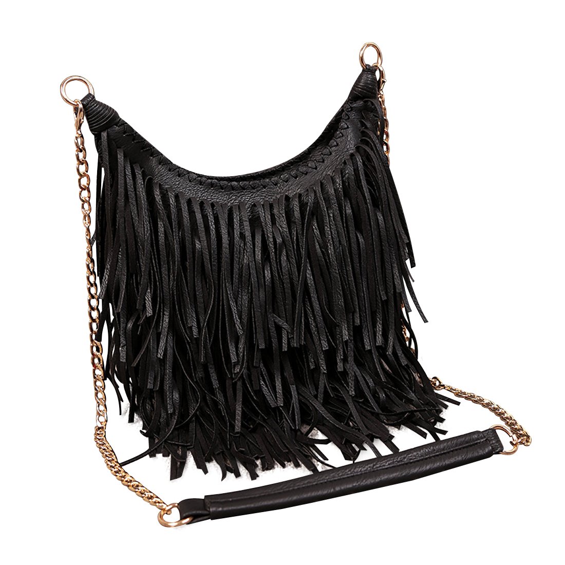 LUI SUI Ladies PU Leather Shoulder Bags with Suede and Fringe Hobo Crossbody Bags, Black, One Size, Hobo