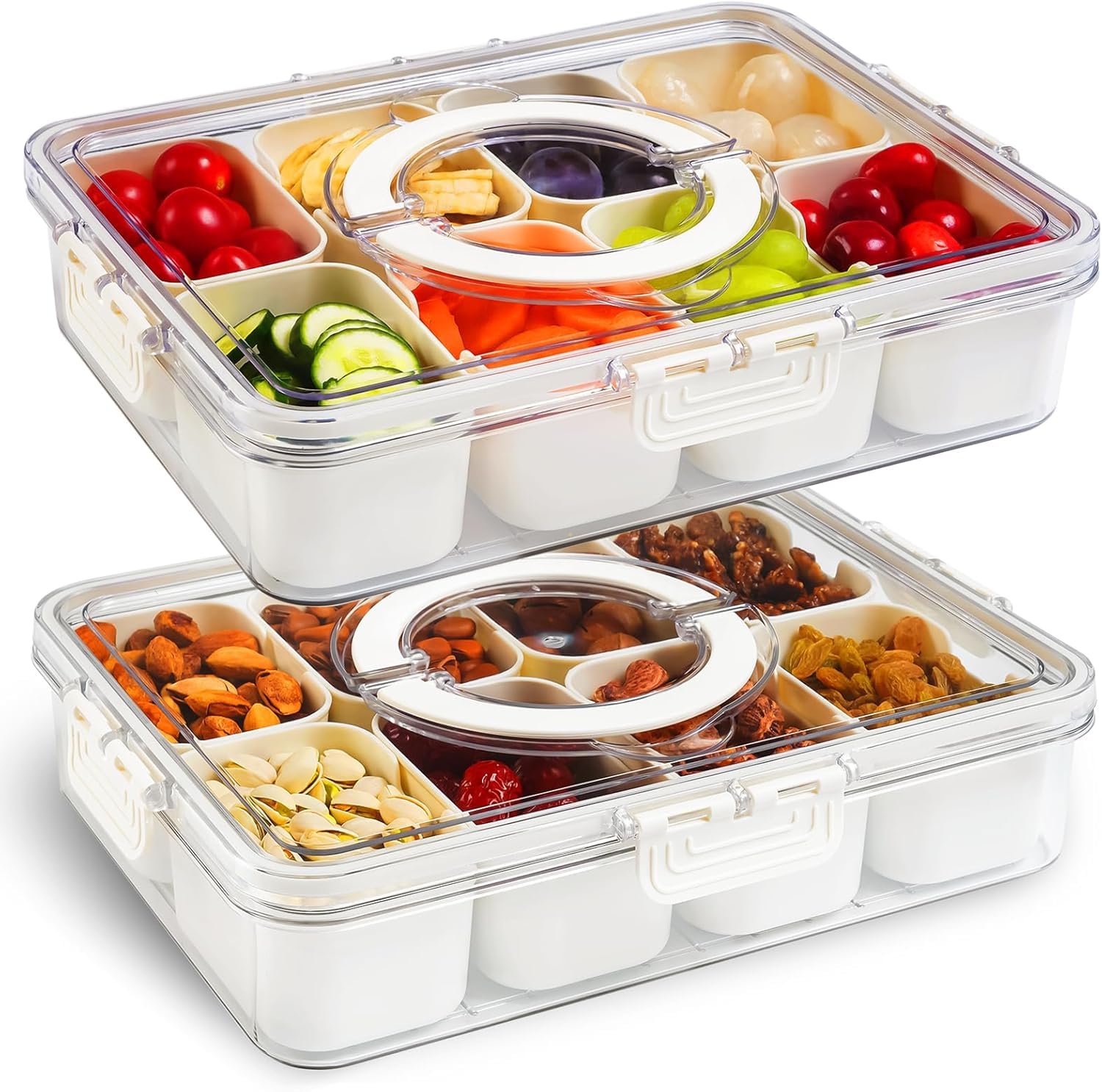 2 Pack Divided Serving Tray with Lid and Handle, 8 Compartments Portable Snackle Box Container for Fruit, Veggies, Salad, Clear Snack Containers for Kids and Adult, Perfect for Travel, Camping, Picnic