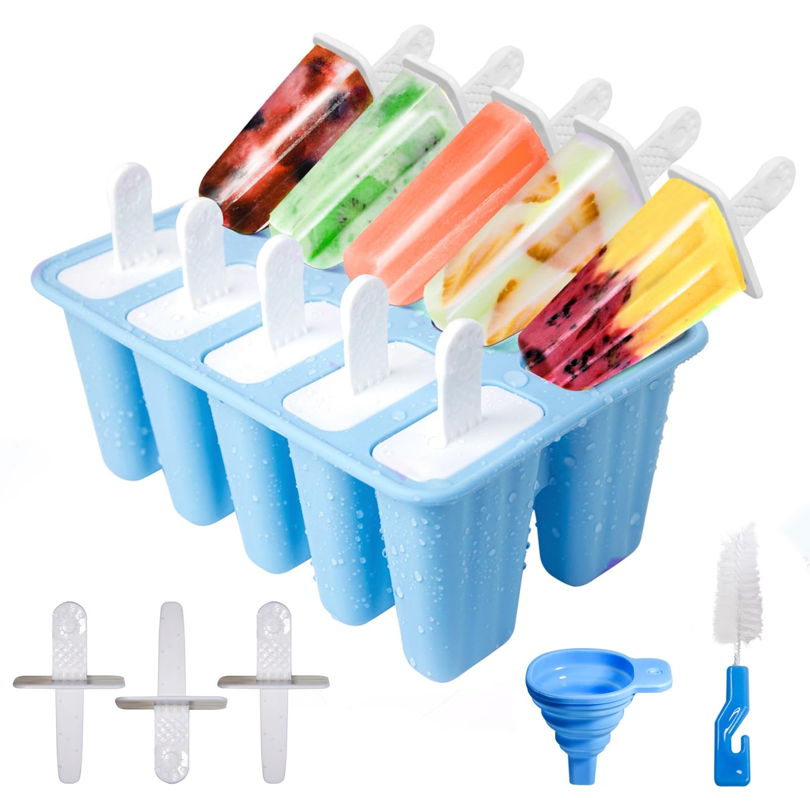 Ice Lolly Moulds with Sticks,10-Hole Silicone Popsicle Moulds, Non-Stick Ice Cream Moulds with Cleaning Brush and Folding Funnel, BPA Free