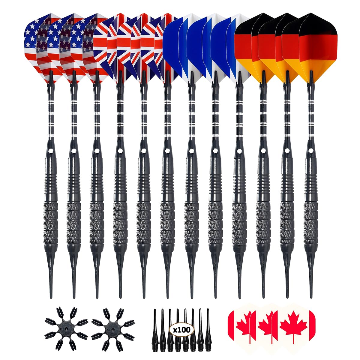 Wolftop 12 Pack Soft Tip Darts - Plastic Tip Darts 17 Grams with 100 Extra Dart Tips, 15 Flights, Dart Flight Protector, Aluminum Shafts and Rubber O-Rings