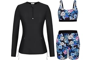 JASAMBAC 3 Piece Long Sleeve Rash Guard for Women Half Zip UPF 50+ Swim Shirt with Zipper Pockets Workout Athletic Swimsuits