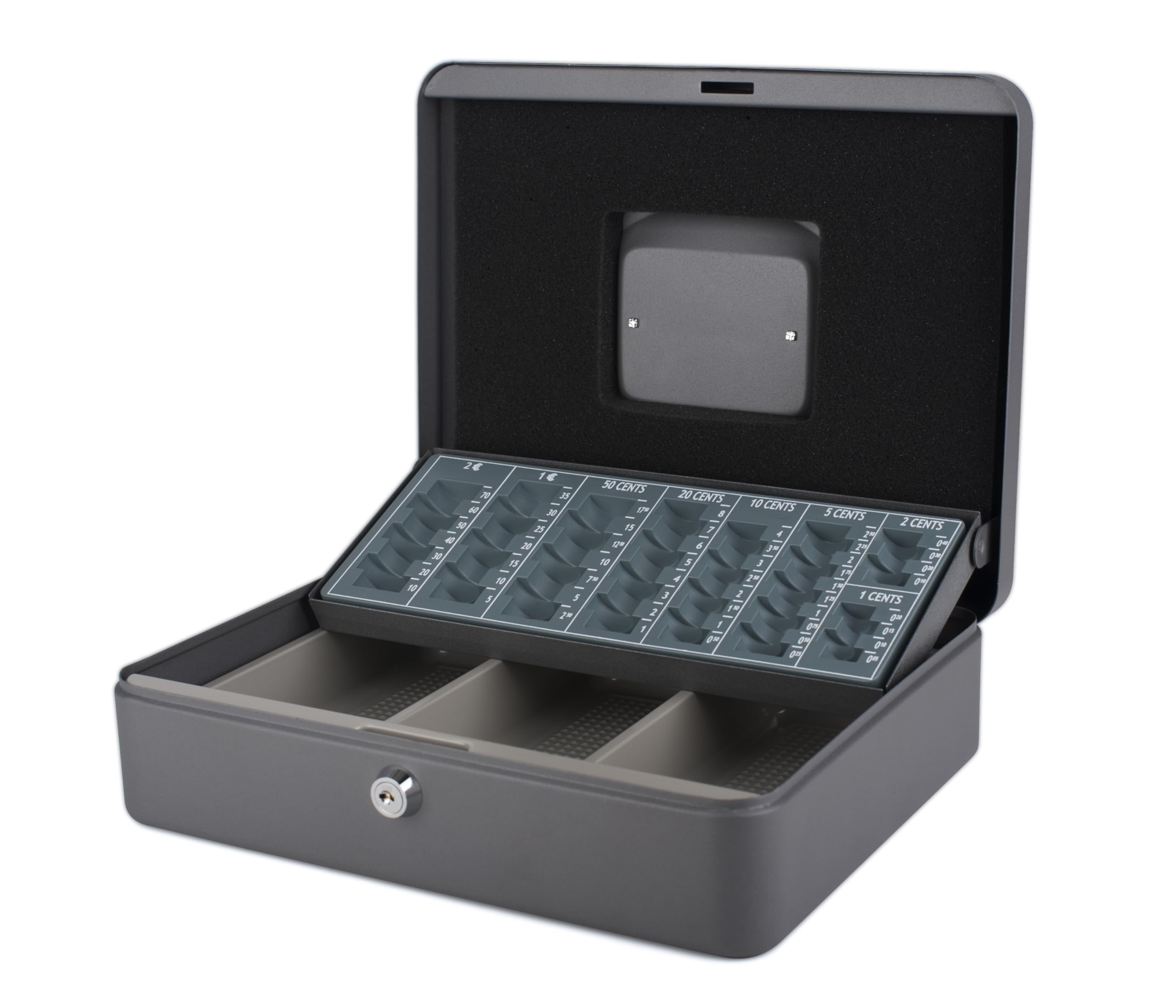 Pavo - Premium 12-Inch Metal Cash Box Money Manager EURO "€" (Euro Coin) / Size: 30 x 24 x 9 cm with 2 Keys and Removable Change Tray - Dark Grey