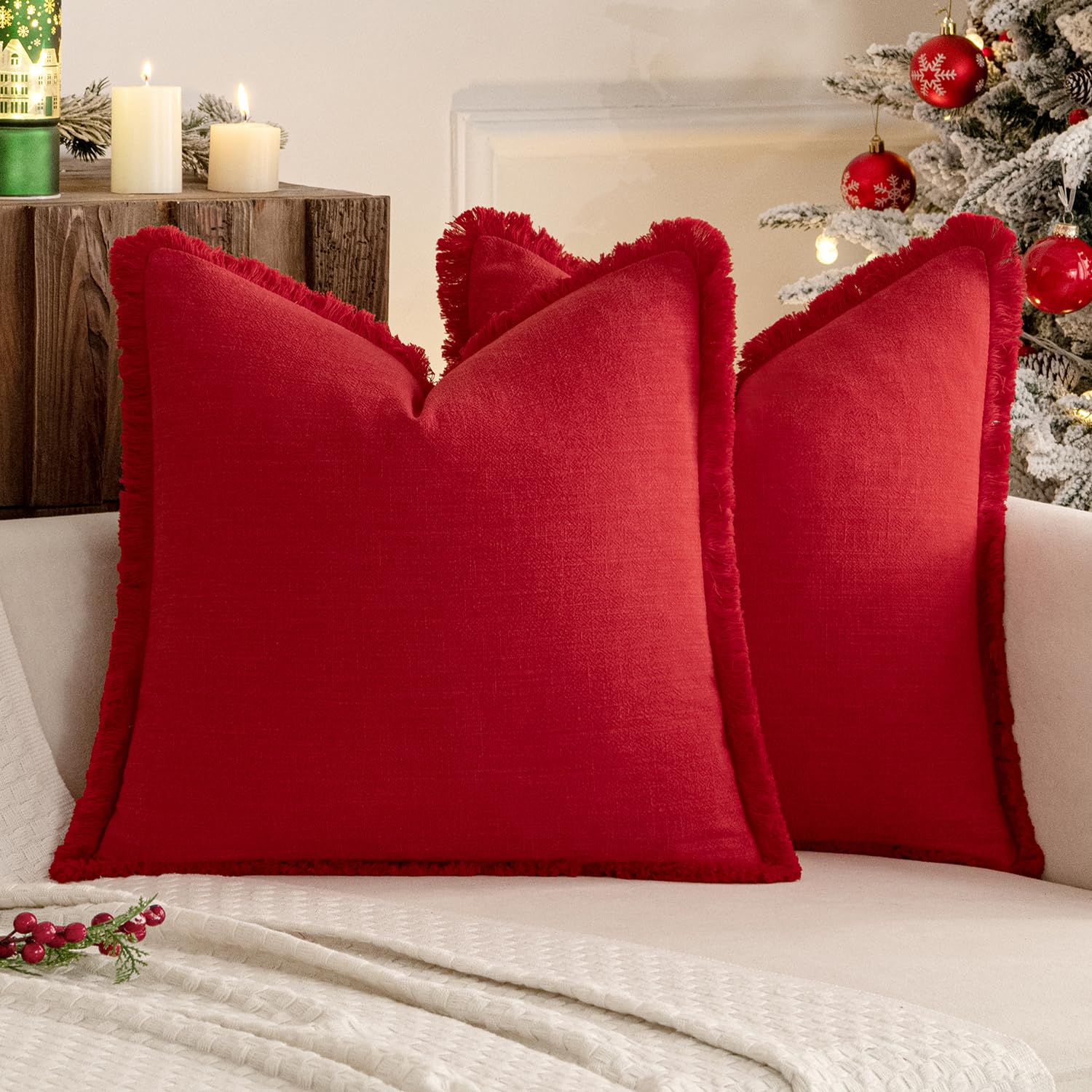 Photo 1 of MIULEE Set of 2 Christmas Linen Throw Pillow Covers Decorative Pillow Covers Farmhouse Style Boho Cushion Covers Red Pillow Covers with Fringe for Living Room 20x20 Inch