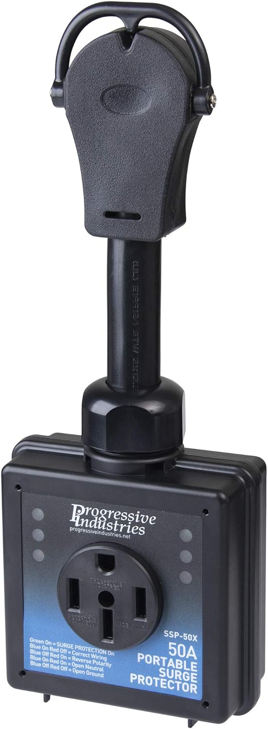 PROGRESSIVE INDUSTRIES EMS-PT50X Portable RV Surge Protector (50 A) + Master Lock 719D 3' Long x 3/16' Diameter Cable with Integrated Laminated Steel Padlock: Automotive