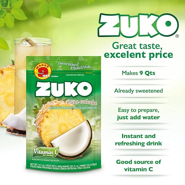 ZUKO PINEAPPLE COCONUT INSTANT POWDER DRINK | FAMILY PACK | NO SUGAR NEEDED | VITAMIN C | 14.1 OUNCE (PACK OF 6)