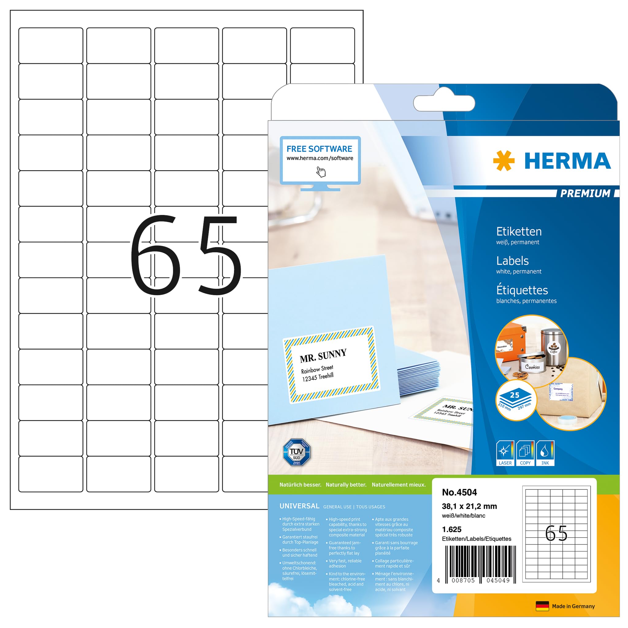 HERMA Self Adhesive Multipurpose Labels, 65 Labels per A4 Sheet, 25 Sheets, 38.1 x 21.2 mm, 1625 Labels, Blank Universal Labels Stickers, Sticky Labels for Laser & Inkjet Printer, White