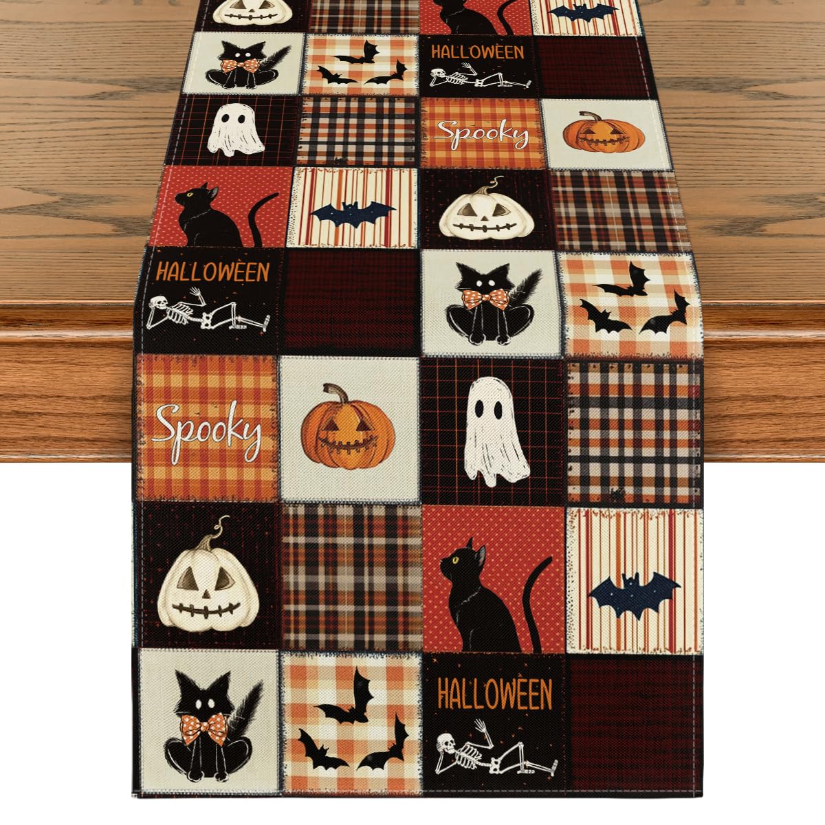 Photo 1 of Artoid Mode Black Cat Bat Pumpkin Spooky 210 GSM Halloween Table Runner, Ghost Kitchen Dining Table Decoration for Home Party Decor 13x72 Inch
