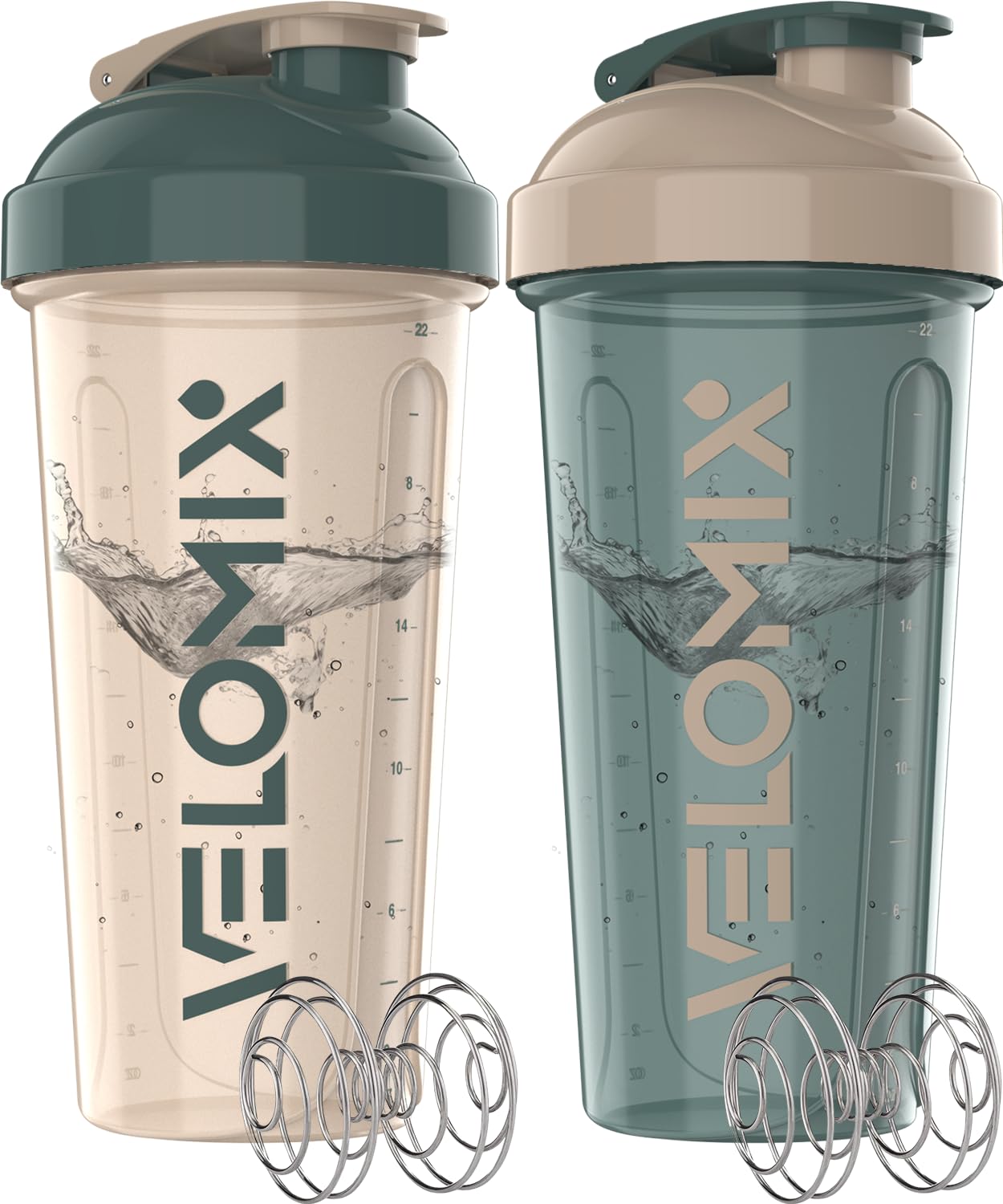 VELOMIX 2 Pack 28oz Protein Shaker Bottle for Protein Mixes, Blue/Beige