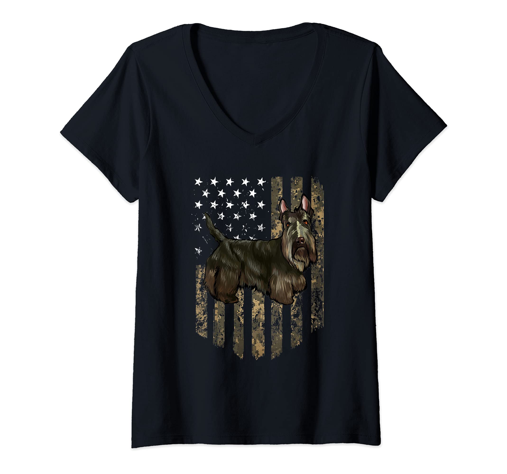 Womens Camo American Flag Scottish Terrier 4th Of July USA V-Neck T-Shirt