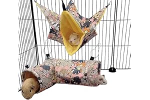 EAEDMY Guinea Pig Rat Tunnel Ferret Hammock, Small Animal Corner Tunnel & Tubes & Bed for Hedgehog Piggy Chinchilla Hideout Toys and Cage Accessories (3.Hammock&Tunnel, Pink cat)