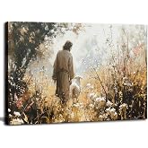 1Pcs Vintage Framed Jesus Lamb Paintings Canvas Wall Art Shepherd Flock Paintings Christian Wall Decor Modern Pictures Religious Art Print for Living Room Bedroom Decoration12inx16in