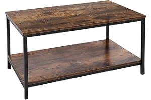 SUPER DEAL 2-Tier Industrial Coffee Table with Storage Shelf for Small Apartment Living Room, Rectangle Wood and Stable Metal TV Stand Side End Table, Rustic Brown