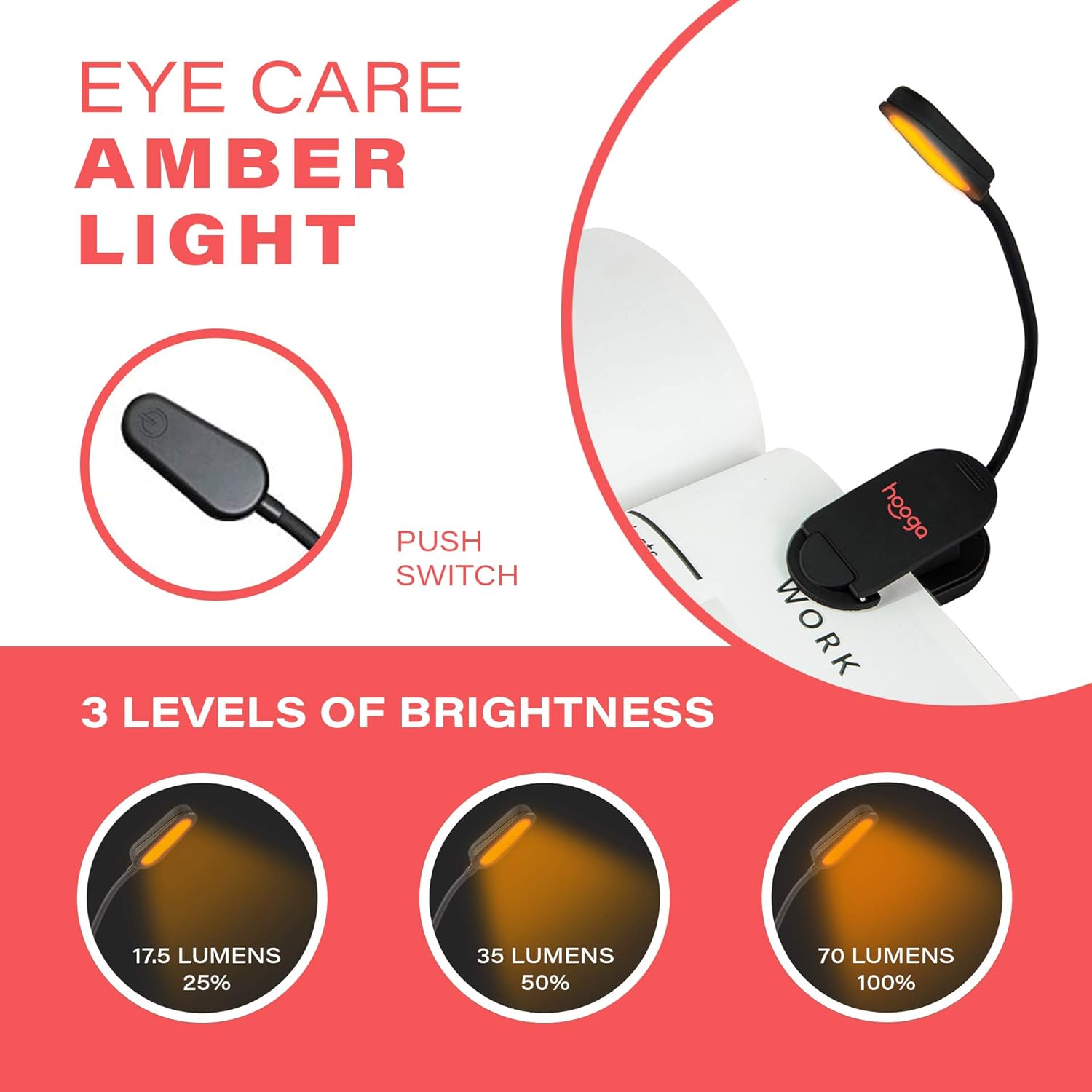 Book Light, Rechargeable Amber Blue Light Blocking Clip-On LED Reading Light by Hooga. 3 Brightness. 1600K. Sleep Aid Eye Care Light for Strain-Free Eyes. Great Gift for Students, Kids, Book Lovers.: Home Improvement