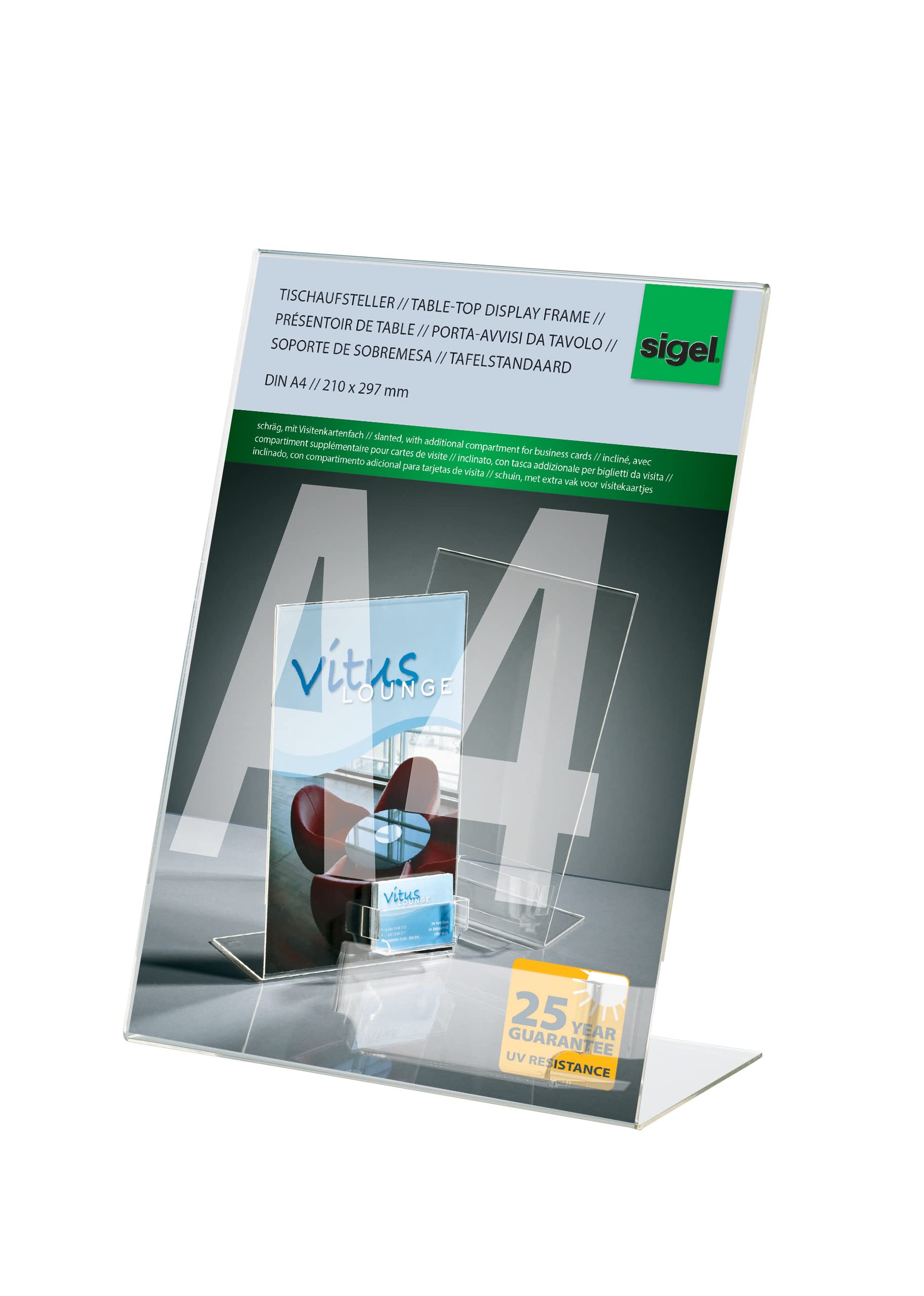 SIGEL TA230 Sign Holder, slanted, for A4, with business card compartment, uv resistant acrylic, transparent, 1 Piece — image 1