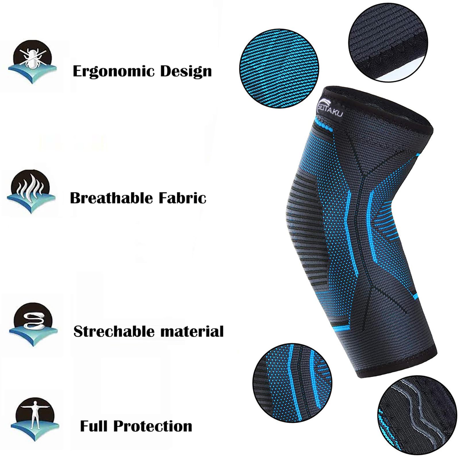 Seitaku Elbow Brace Compression Sleeve: Arm Sleeves for Tennis and Tendonitis Elbow Relief, Elbow Support Wrap for Women & Men, Weightlifting, Gym, Golf, Workout, Sports (NavyBlue, Large)