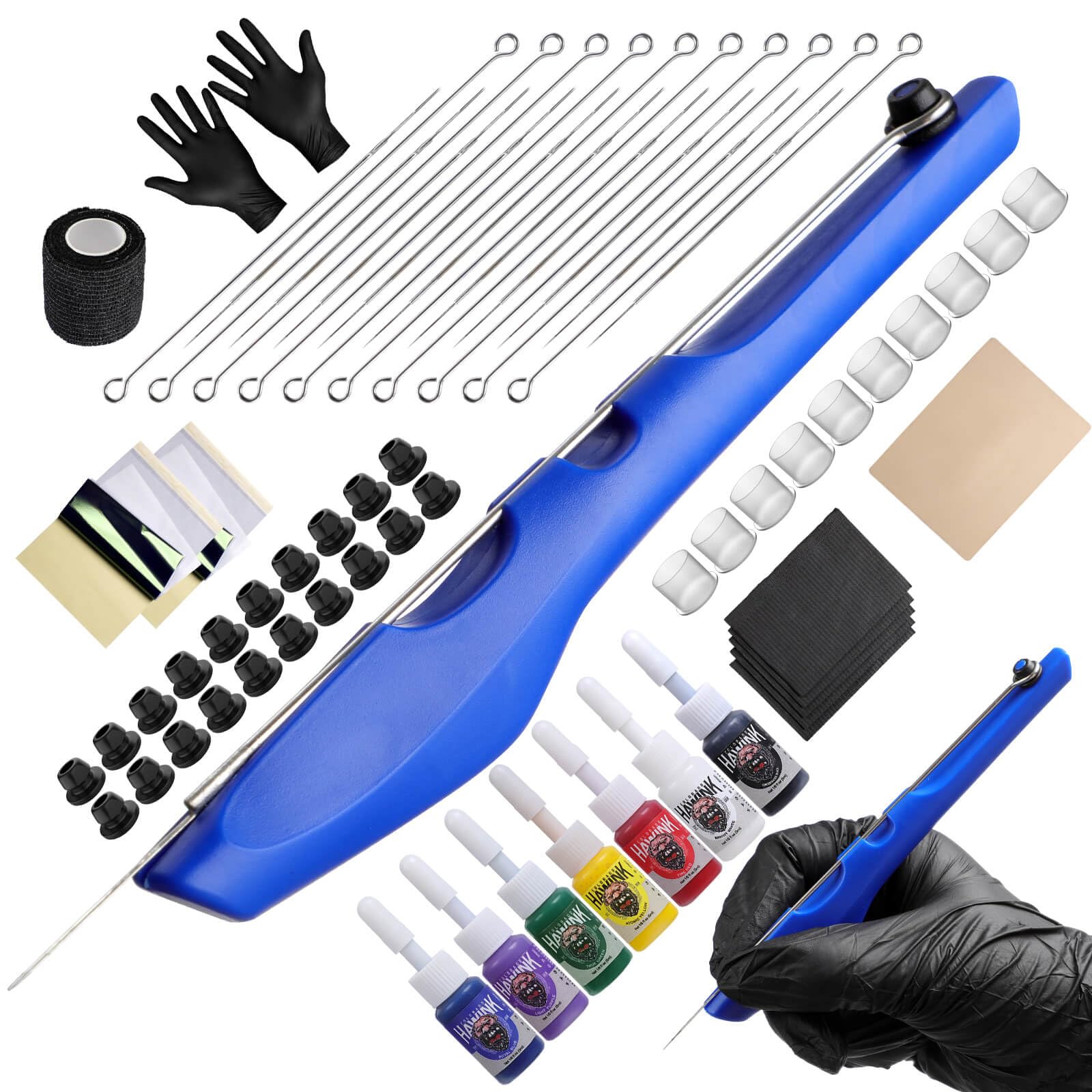 HAWINK Hand Poke and Stick Tattoo Kit with 7 Tattoo Ink 20PCS Needles DIY Pen Tool Blue GK-HW803TN01UK-3
