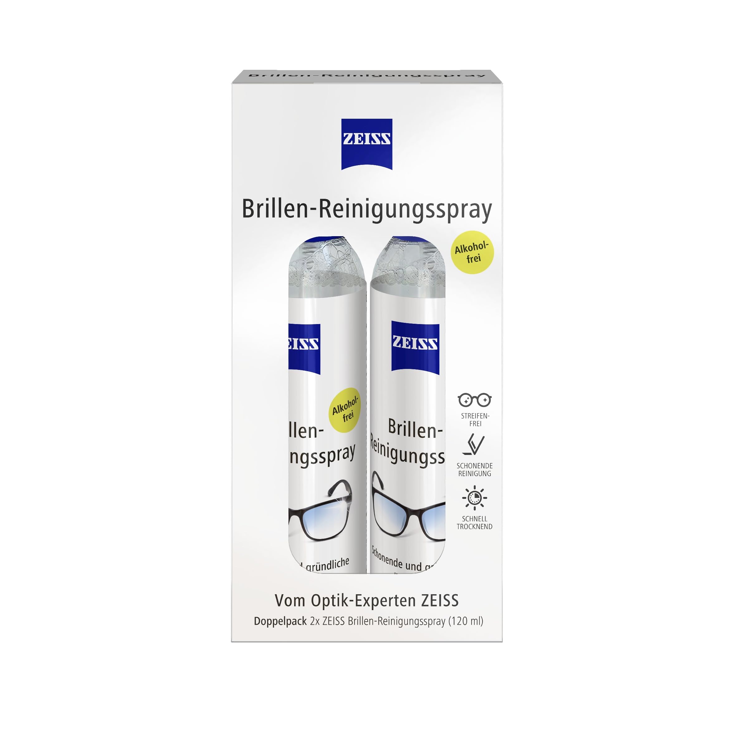 ZEISS Brillen-Reinigungs-Spray Doppelpack mit 2x 120ml Inhalt zur schonenden & gründlichen Reinigung Ihrer Brillengläser - alkoholfrei