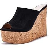 LAICIGO Womens Wedge Platform Slide on Sandals Open Toe Cork Faux Suede Dress Summer Slippers Shoes