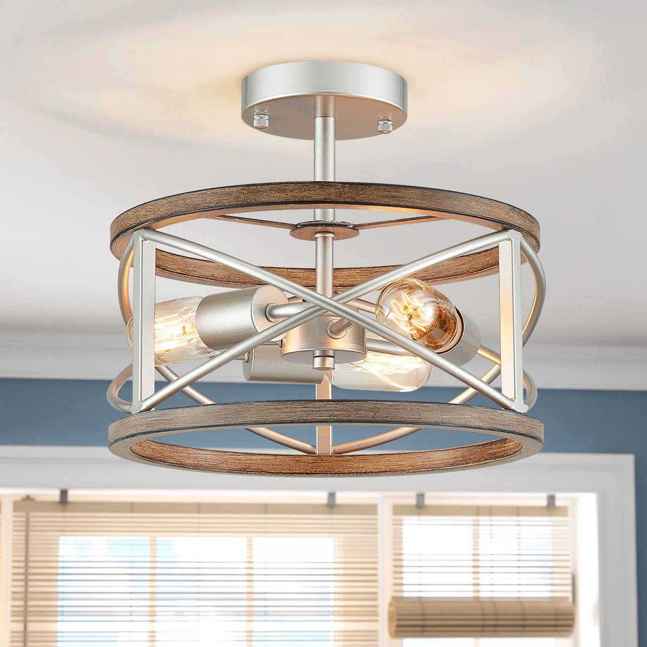 Photo 1 of WUZUPS Chandelier 3-Light Vintage Farmhouse Industrial Imitation Wood Grain Semi-Flush Mount Ceiling Light Lighting Fixture for Foyer Hallway Storage Room Kitchen Bathroom, H 9.4" W 12", Nickel