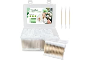 Sealive 1000 Count Bamboo Cotton Swabs with Storage Case - Double-Ended Round Tips for Ear Cleaning & Makeup - Sturdy Bamboo 