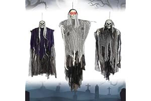 BEEKUSA Halloween Hanging Ghost Decorations Outdoor - 3 Pack 60" 36"Halloween Hanging Ghost Grim Reapers Skeleton with Glowing Eyes for Halloween Porch Yard Garden Tree Indoor Outdoor Scary Decor Supplies (A)
