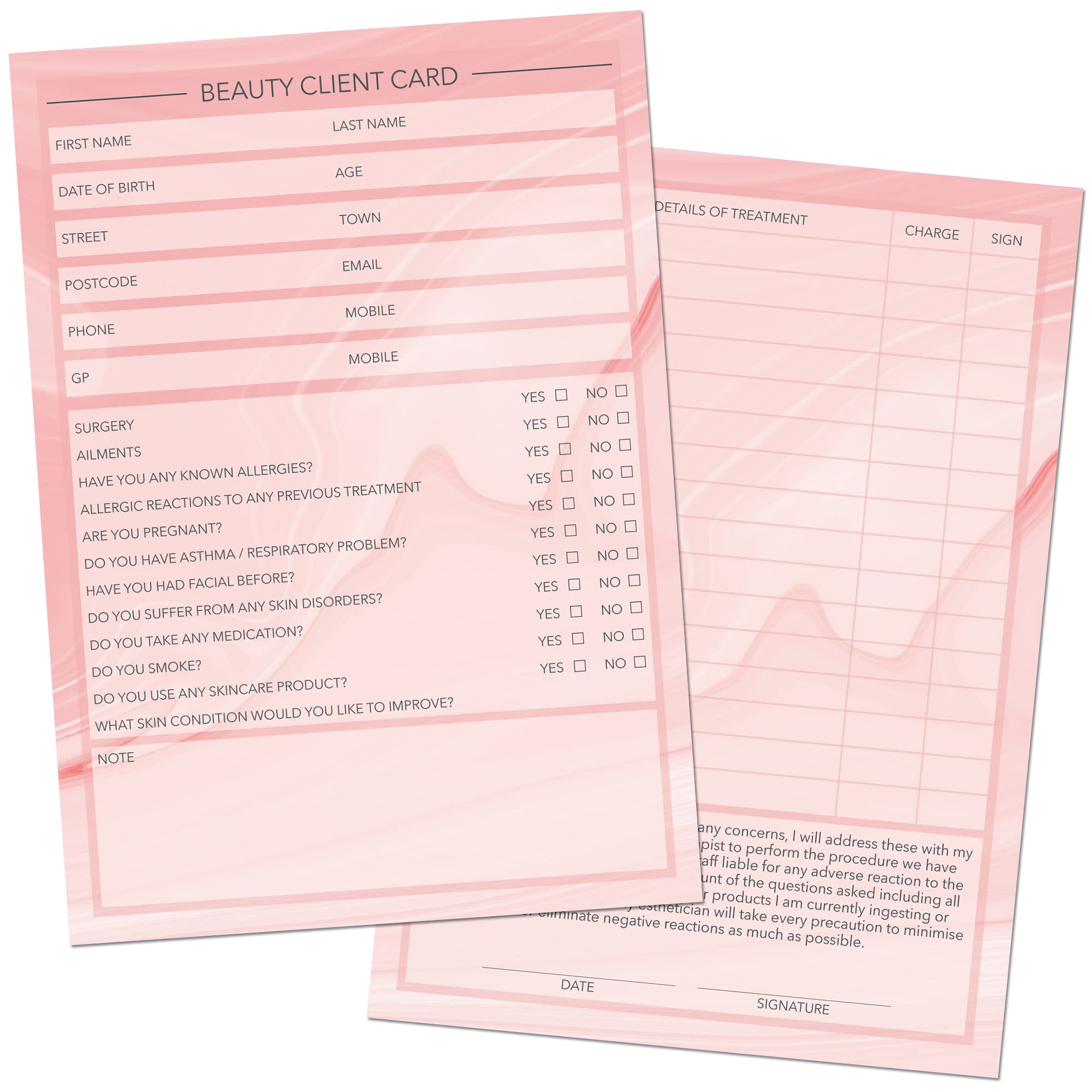 Beauty Client Cards A6 Size - Salon and Therapist Customer Consultation Record - Treatment Services Essentials - Profile and Recording Forms - Beauty Stationery - 105x148mm - Pack of 25