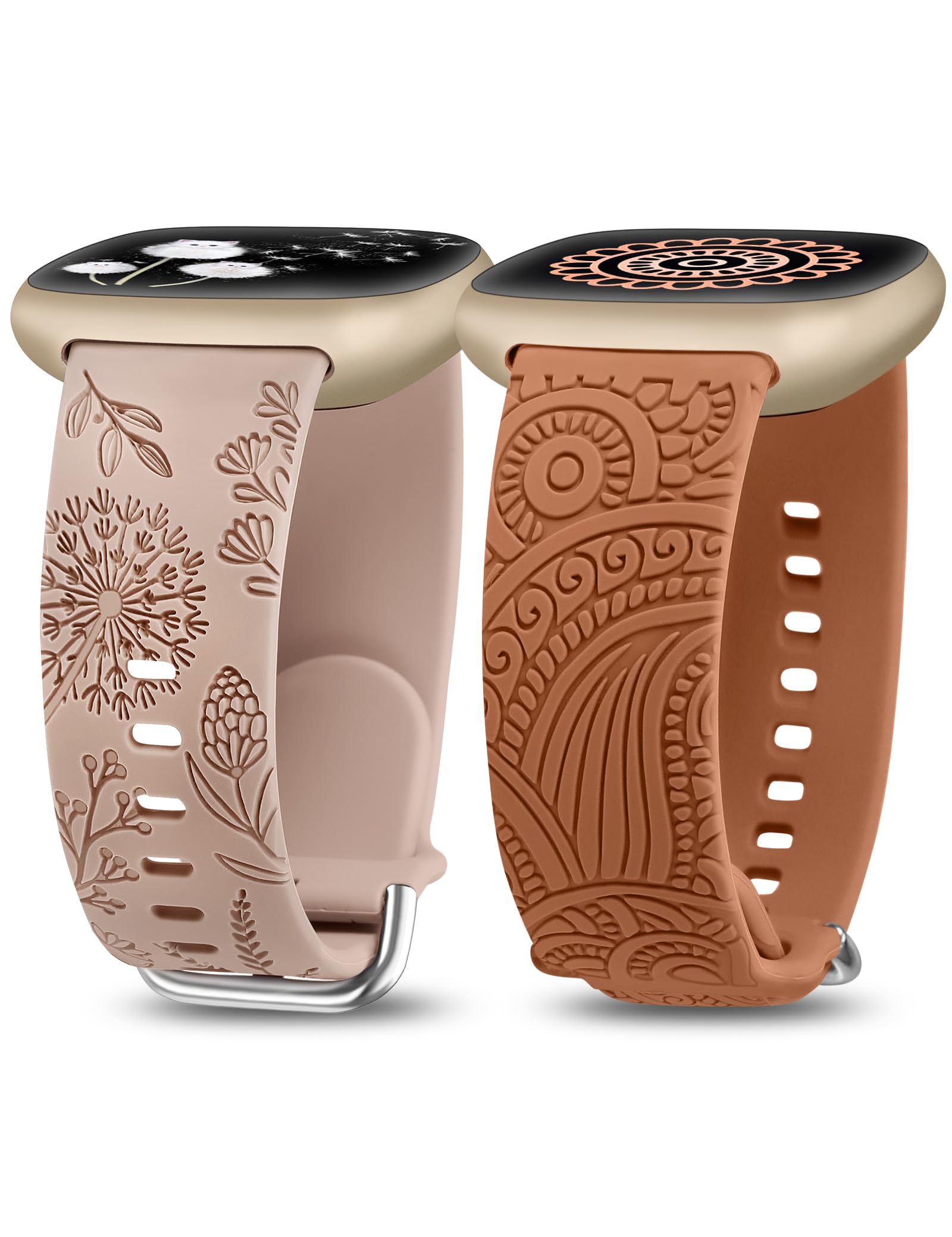 TOYOUTHS 2 Packs Floral Compatible with Fitbit Versa 4/Versa 3/Sense 2/Sense Straps, Soft Silicone Engraved Henna and Dandelion Pattern Sport Strap for Versa 3/4 Sense 1/2, Walnut+Brown — image 1