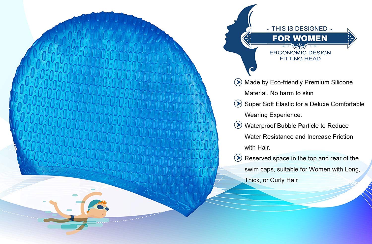 Swimming Cap for Long/Curly Hair 100% Silicone Swim Cap for Adult Swimming Laps Latex Rubber Reduce Water Intake Men Women UV Guys Girl Bathing Cap