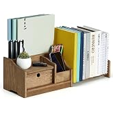 KIRIGEN Wood Desktop Bookshelf with Drawer, Expandable Desk Shelf, Brown | Solid Wood Shelf Adjusts 12.24-22.7 In Wide; Drawer Holds Supplies, Open Sections Hold Books and Files; Fully Assembled