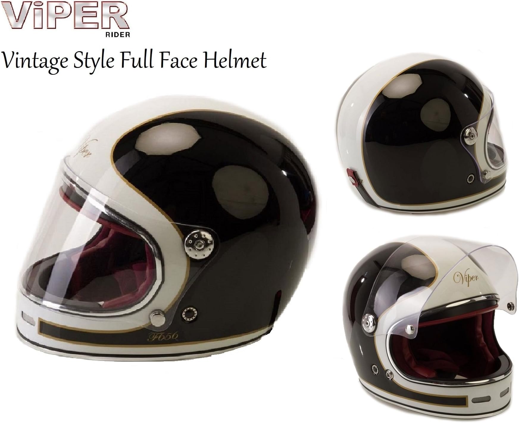 NEW ADULT MOTORCYCLE VIPER F656 RETRO FIBERGLASS FULL FACE HELMET Motorbike Scooter Biker Rider Men & Women Vintage Classic Style Crash Racing Touring Sports ECE App Helmet BLACK WHITE
